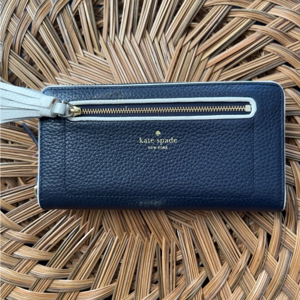 Kate Spade Navy Blue Wallet with White & Gold Accents- New